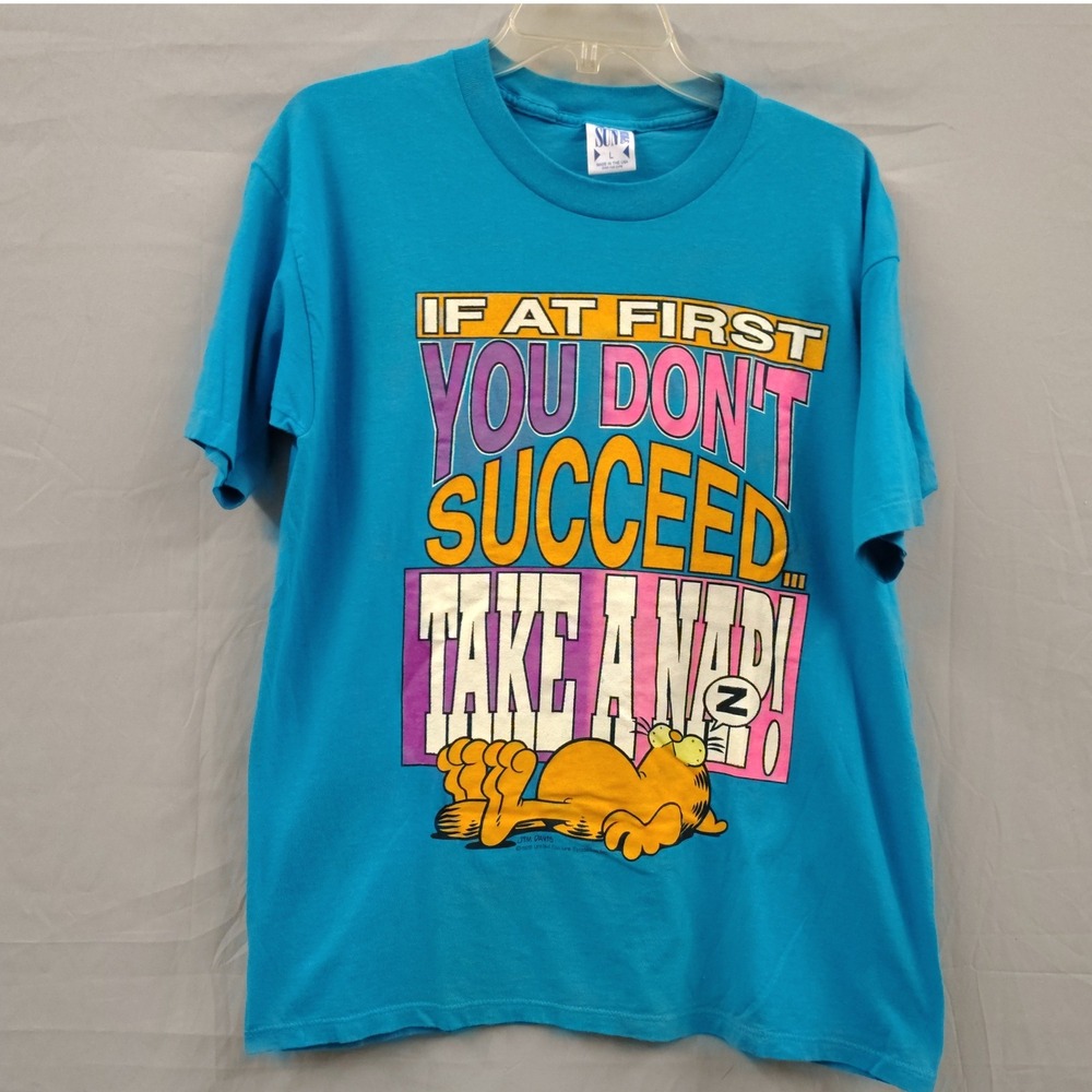 Vintage 90s Garfield Sun Sportswear Take a Nap Graphic T-Shirt Teal Blue Large